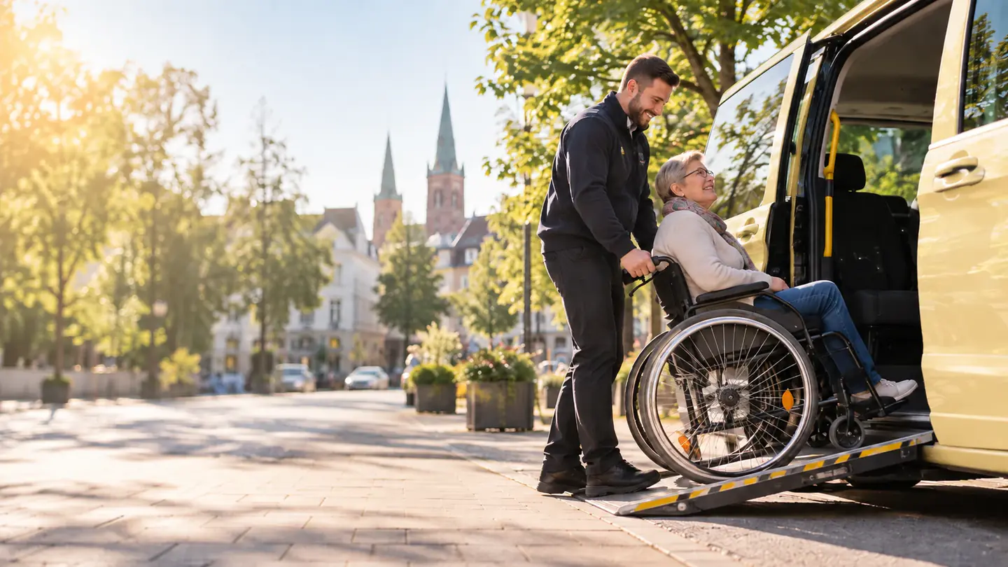 Ein Fahrer schiebt eine Frau im Rollstuhl über die Rampe in ein Taxi – Symbolbild