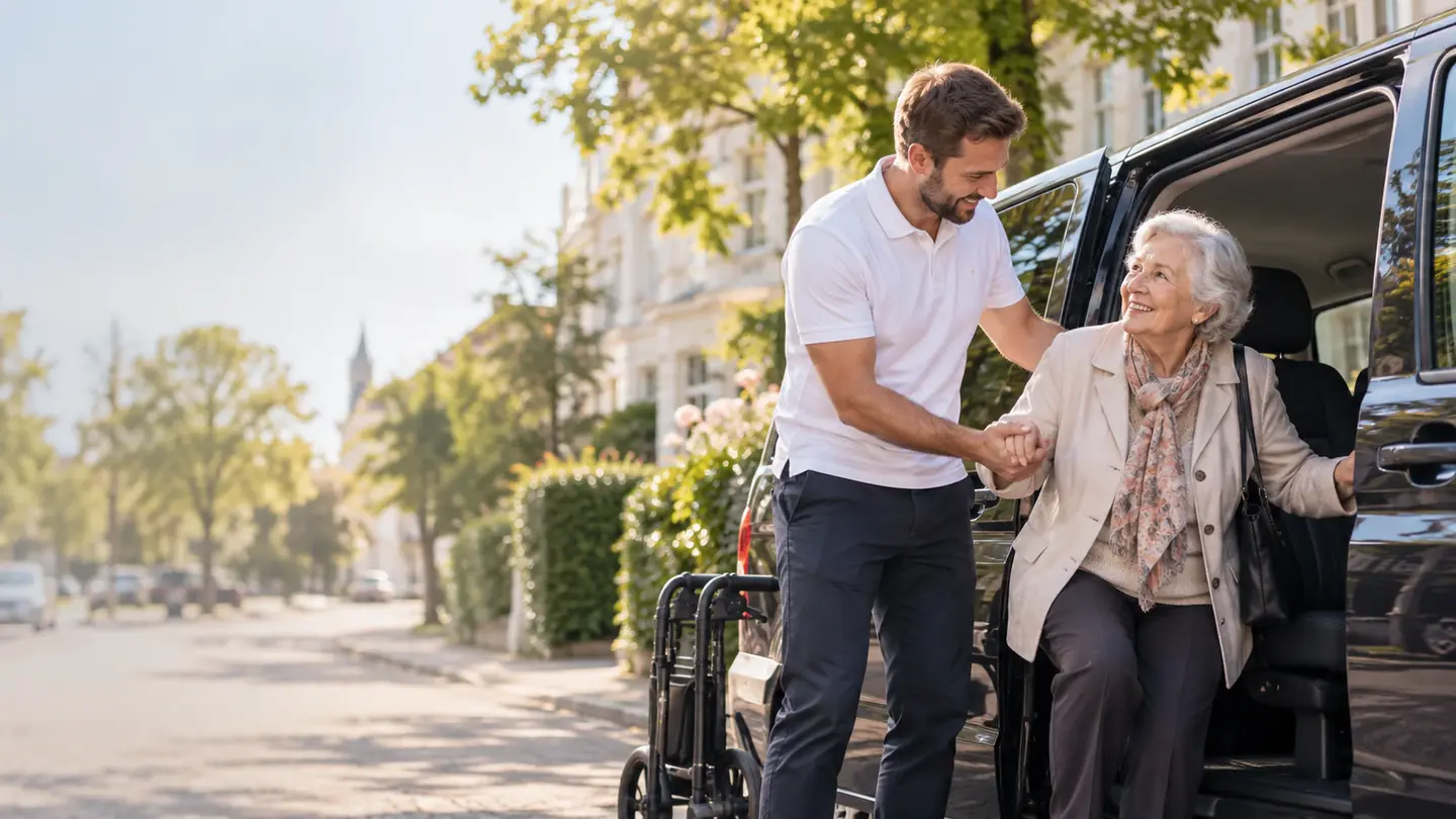Ein Fahrer hilft einer älteren Frau beim Ausstieg neben ihrem Rollator – Symbolbild