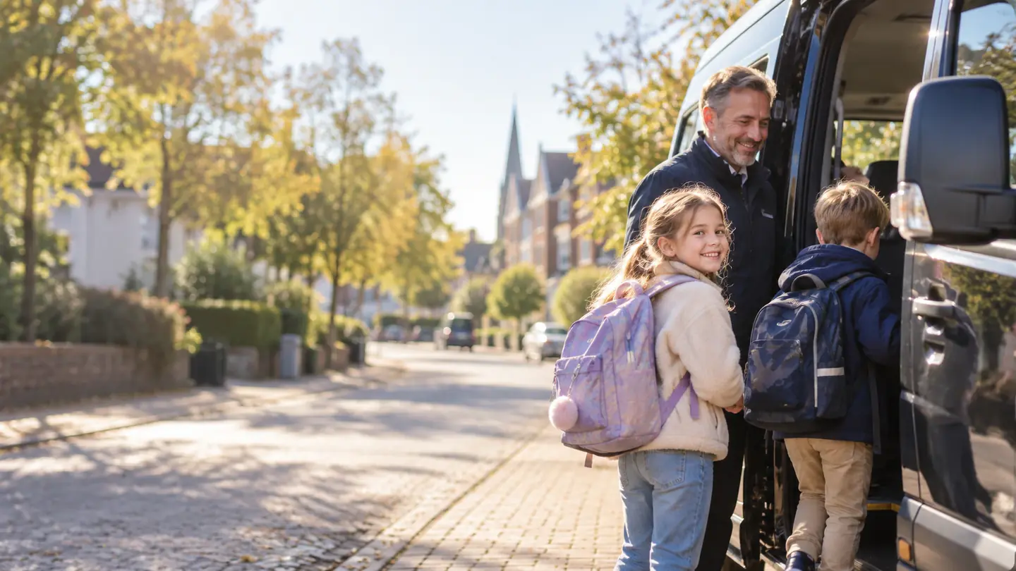 Zwei Kinder mit Schulranzen steigen morgens in einen Kleinbus – Symbolbild